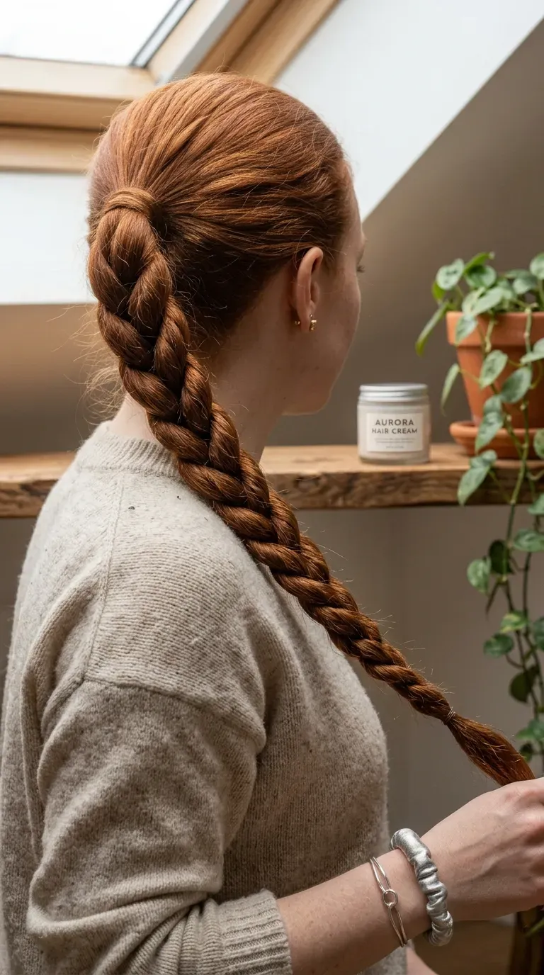 Close up of a tight two strand rope twist ponytail on auburn hair