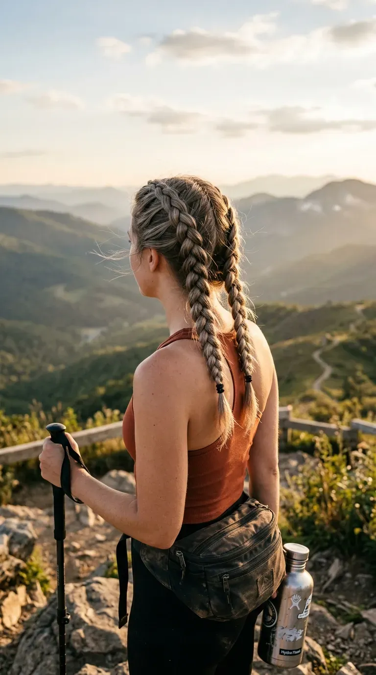 Two textured Dutch braids on second day hair at a sunny hiking overlook