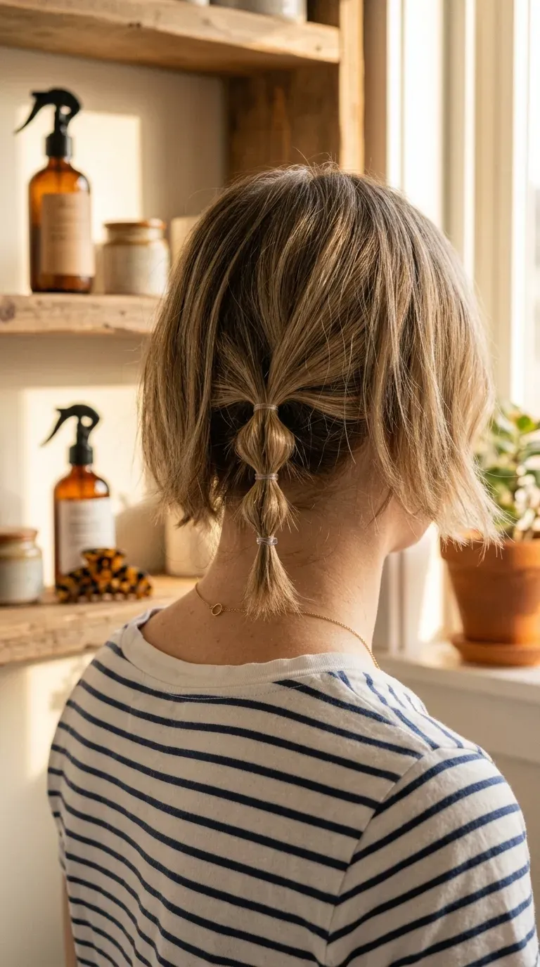 Short bob with a tiny bubble braid peeking out at the nape