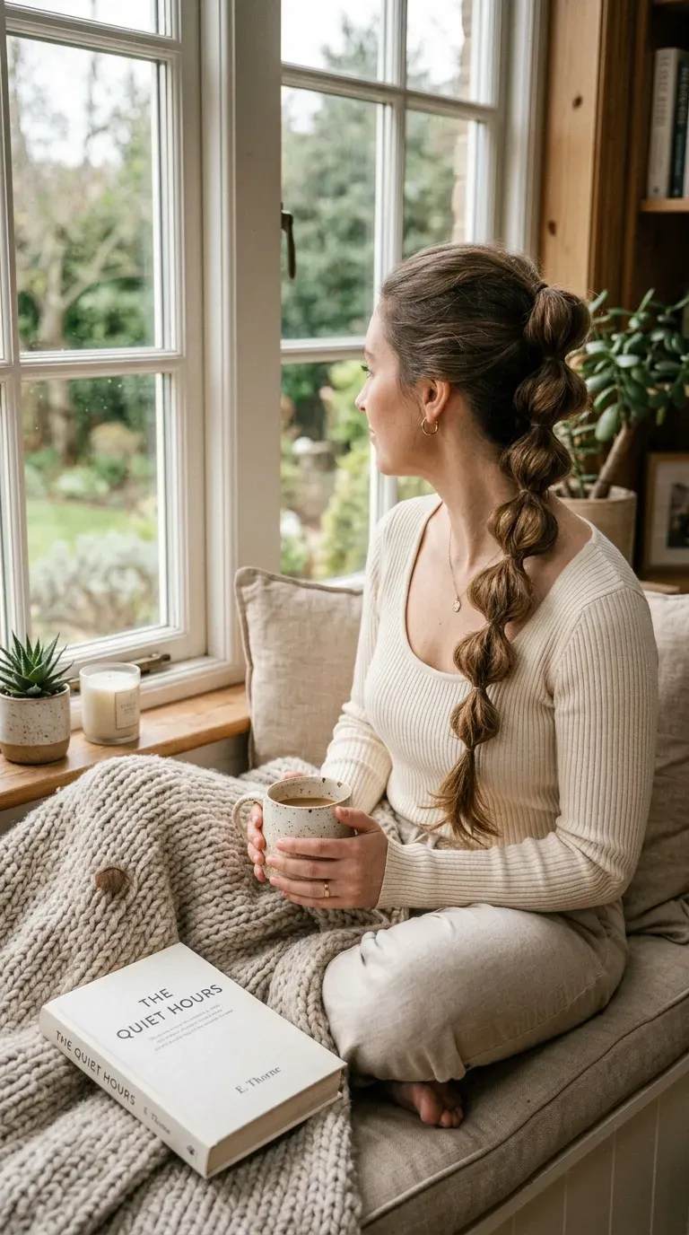 Side swept bubble braid resting over one shoulder on a cream scoop neck top