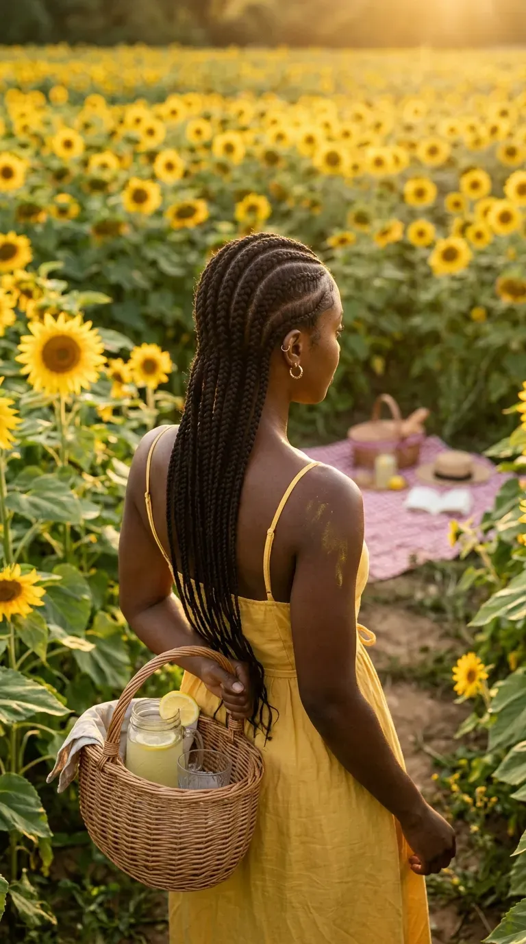 Single braid curving over the ear into long braids in a sunflower field