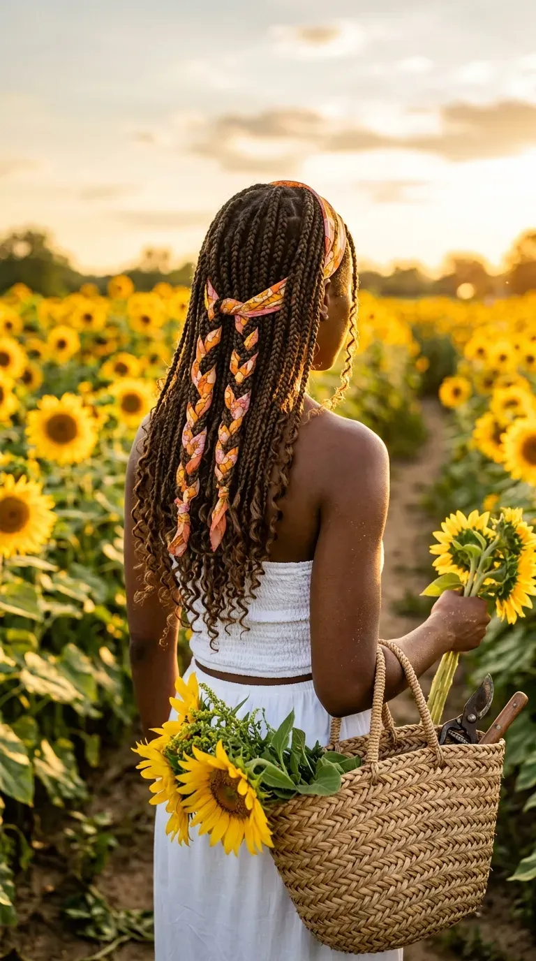 Silk scarf wrapped through boho knotless braids on a woman in a sunflower field