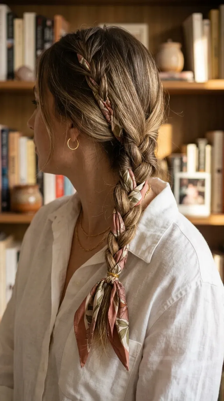 Side braid woven with a thin printed silk scarf tied at the end