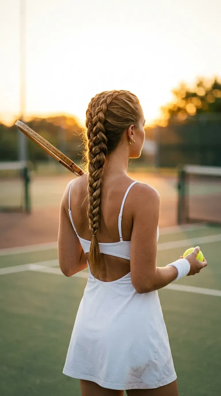 Long single center Dutch braid seen from behind on a tennis court at sunset