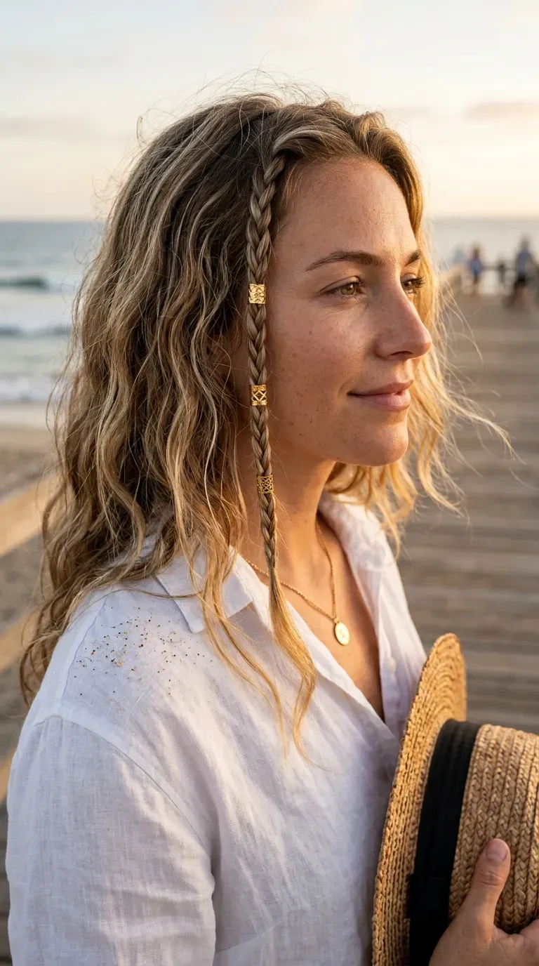 Single skinny braid with gold hair cuffs framing the face in loose waves