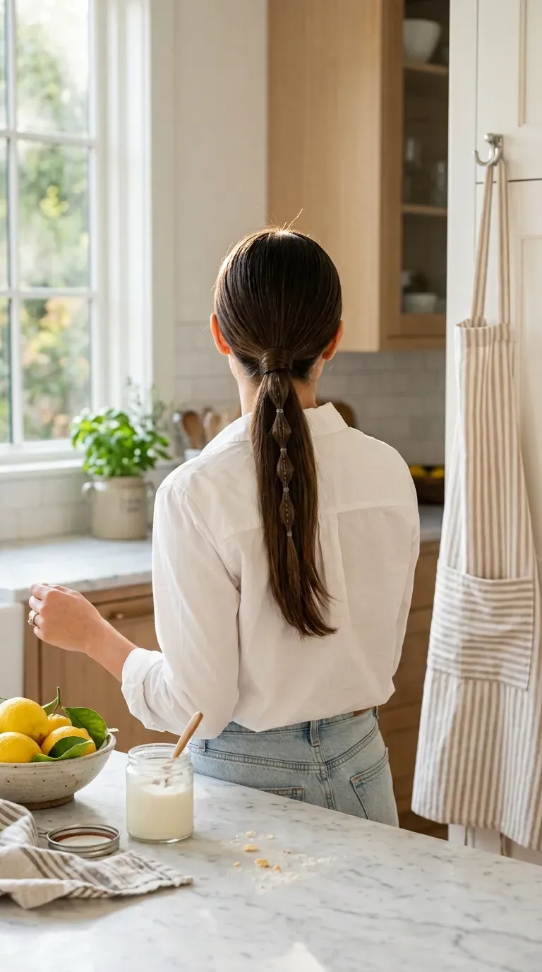 Sleek low ponytail with a thin strand of mini bubbles running down the middle