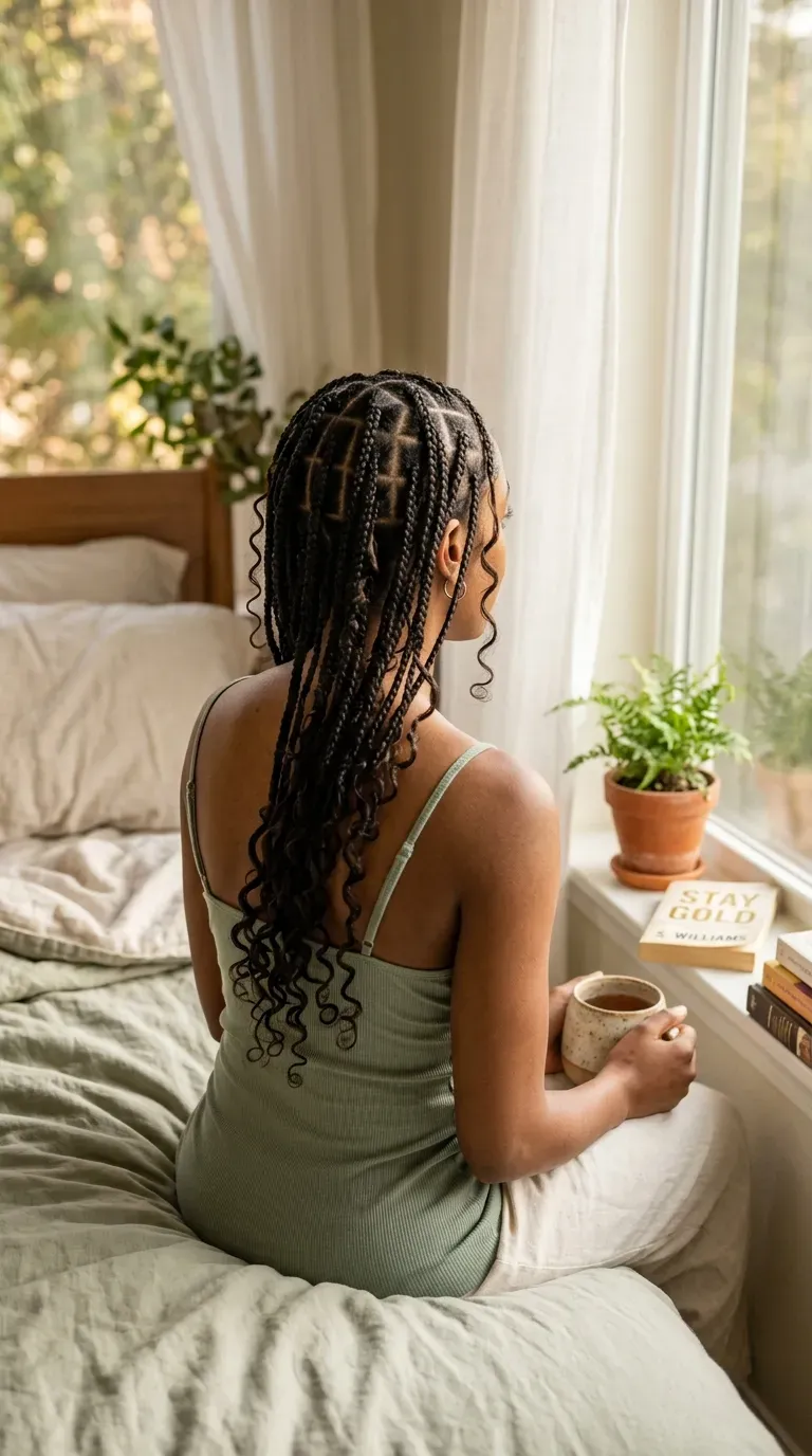 Close back view of small boho knotless braids with neat square parts by a window