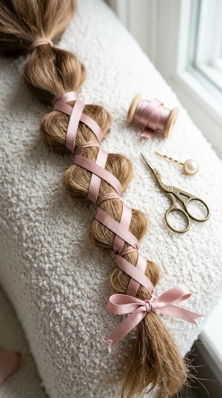 Woman at a vanity with two stacked elastic pigtails that look like braids