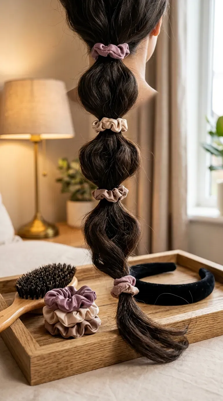 Thick dark bubble braid held with small satin scrunchies instead of thin elastics