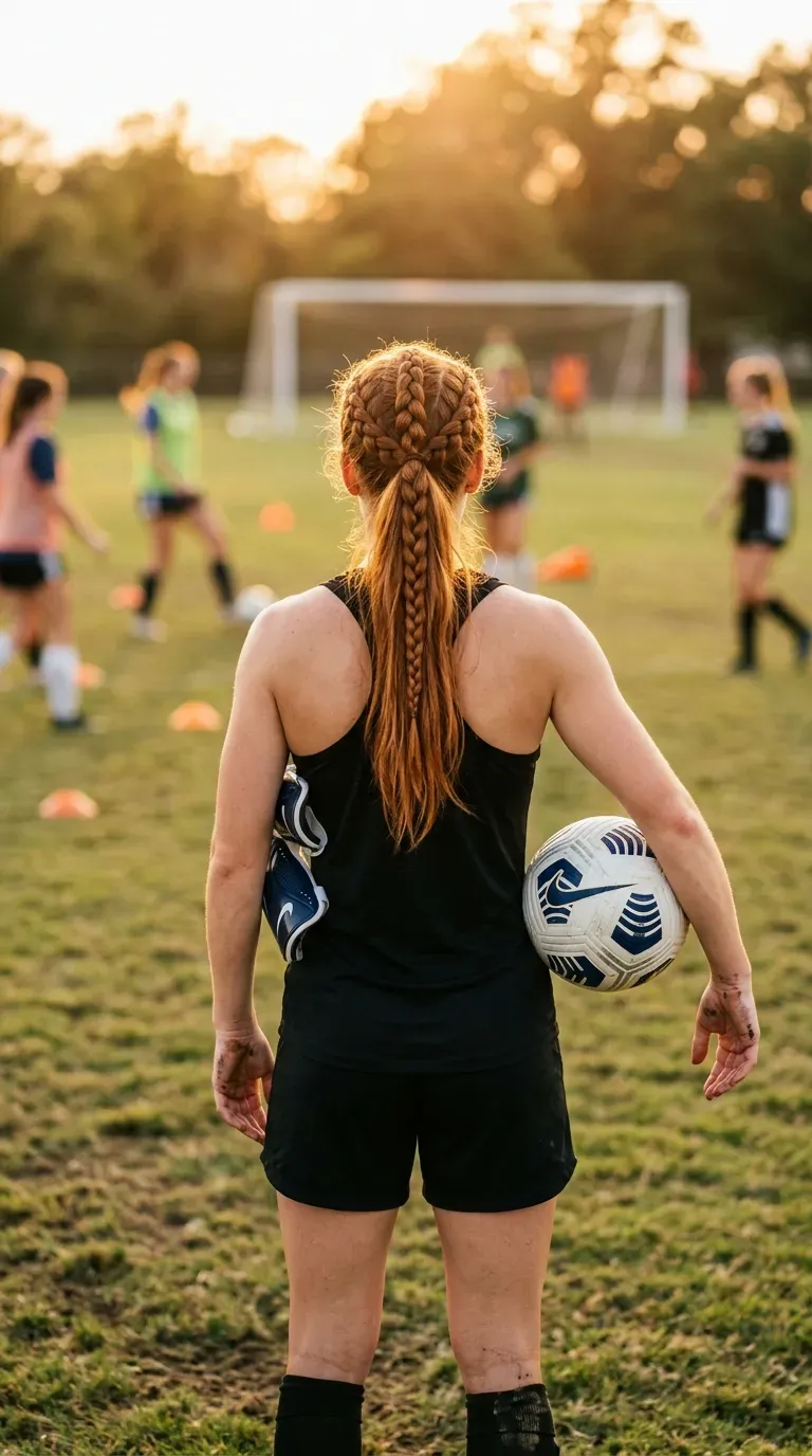 Three Dutch braids meeting in a high mohawk ponytail on a soccer field
