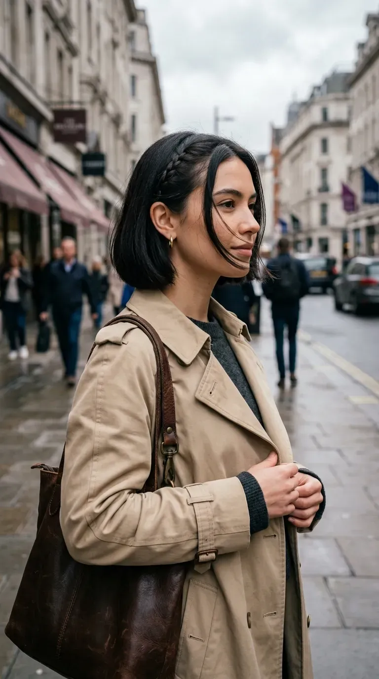 Chin length bob with a tiny braid tucked behind one ear on a city street