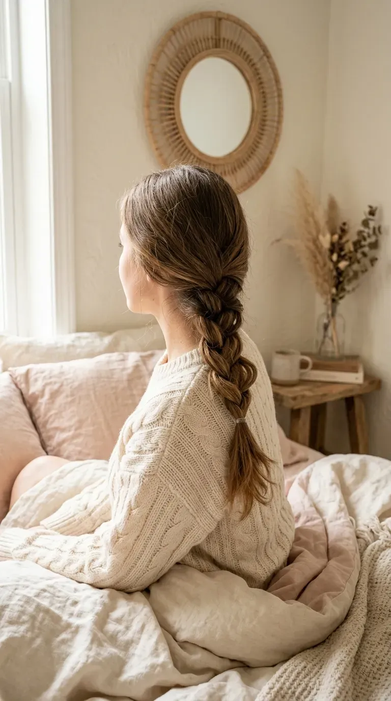 Back view of flipped topsy tail ponytails stacked down long dark wavy hair
