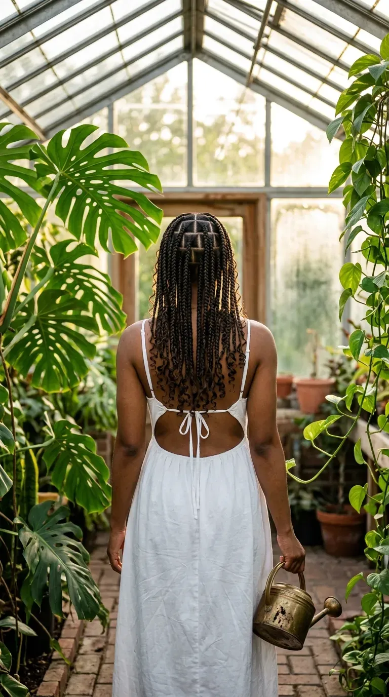 Triangle parts on boho knotless braids seen close from behind in a greenhouse