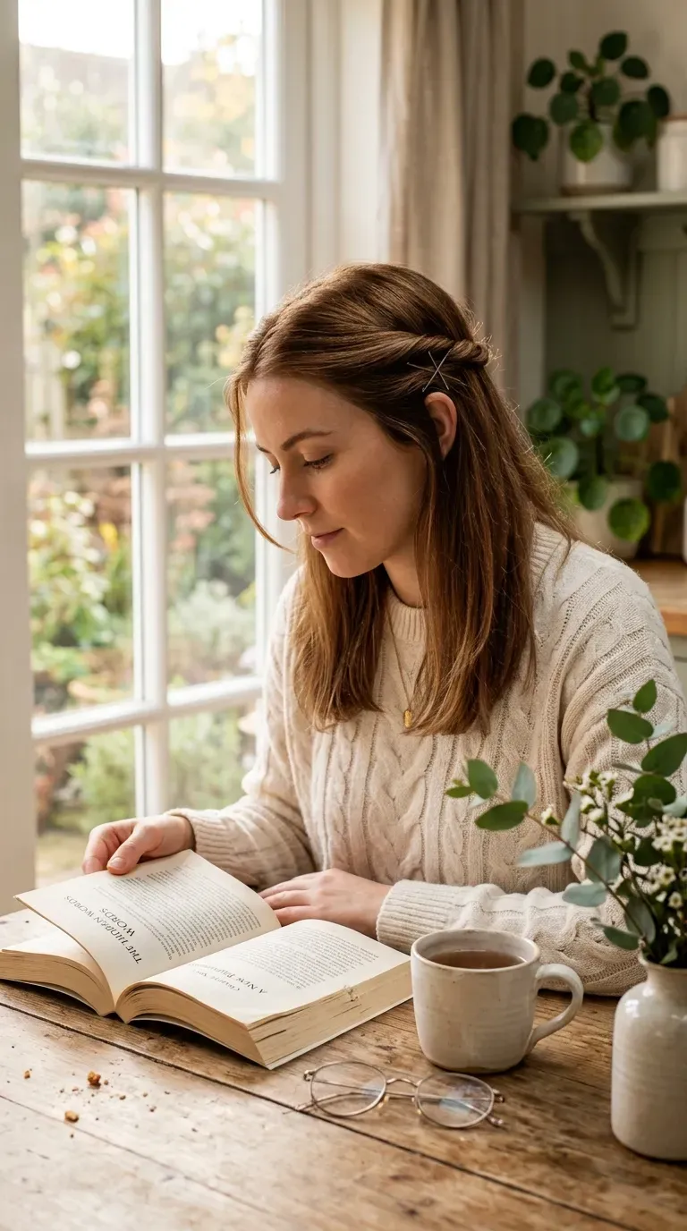 Woman reading with a soft twisted section of hair pinned back behind her ear
