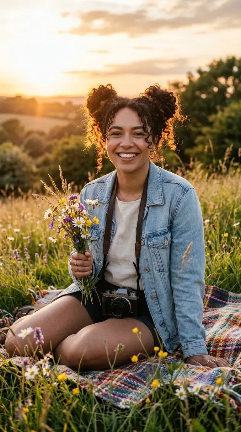 Smiling woman with two twisted space buns and loose face framing pieces outdoors