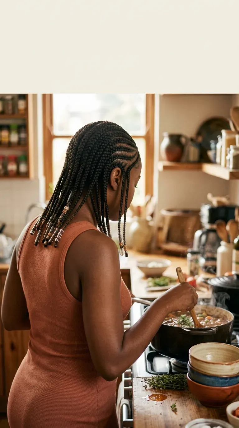 Two front cornrows framing the face in a three quarter back view in a kitchen