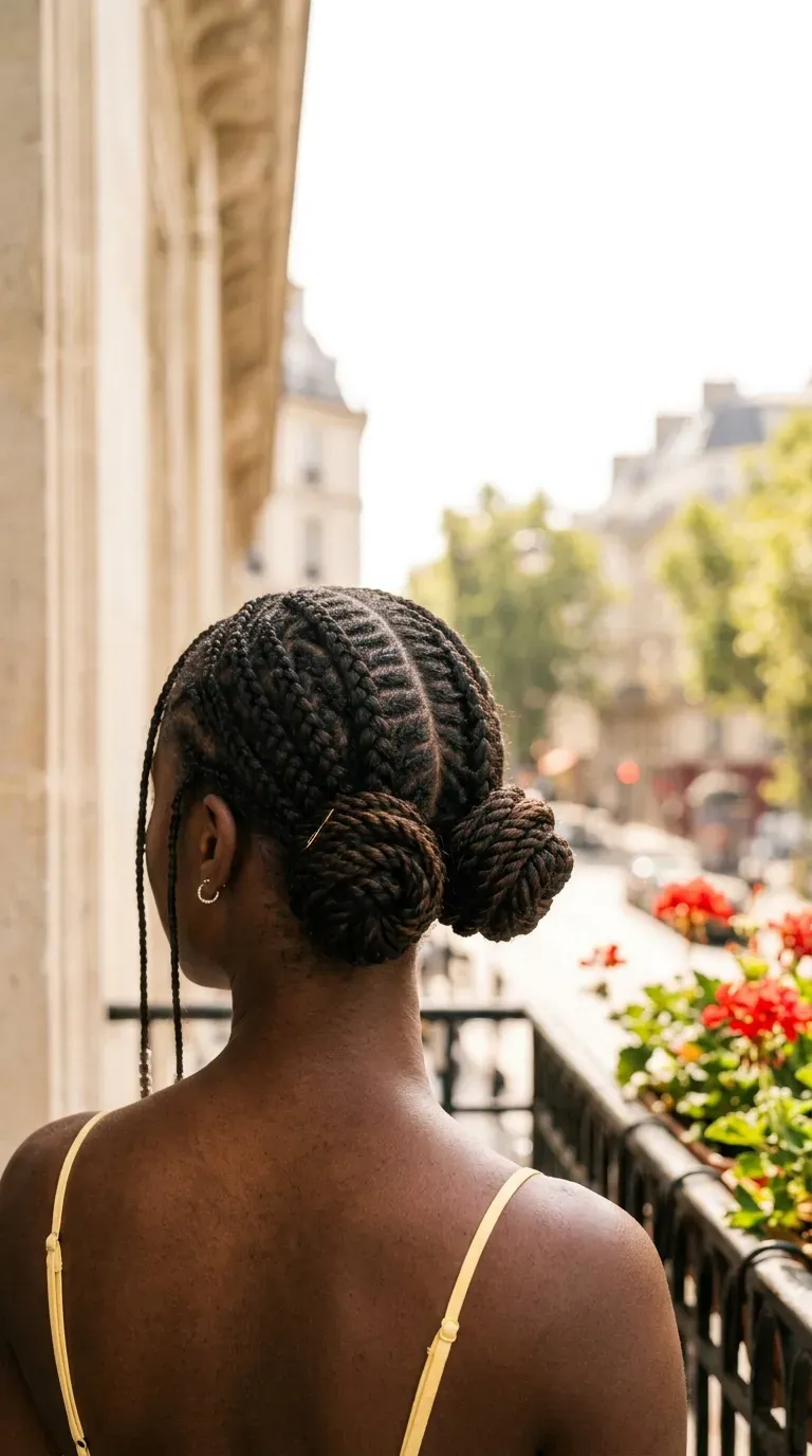 Braids split into two low buns seen from behind at a cafe balcony