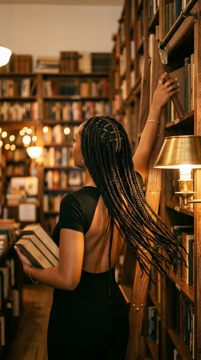 Waist length braids with a middle part seen from behind in a bookshop