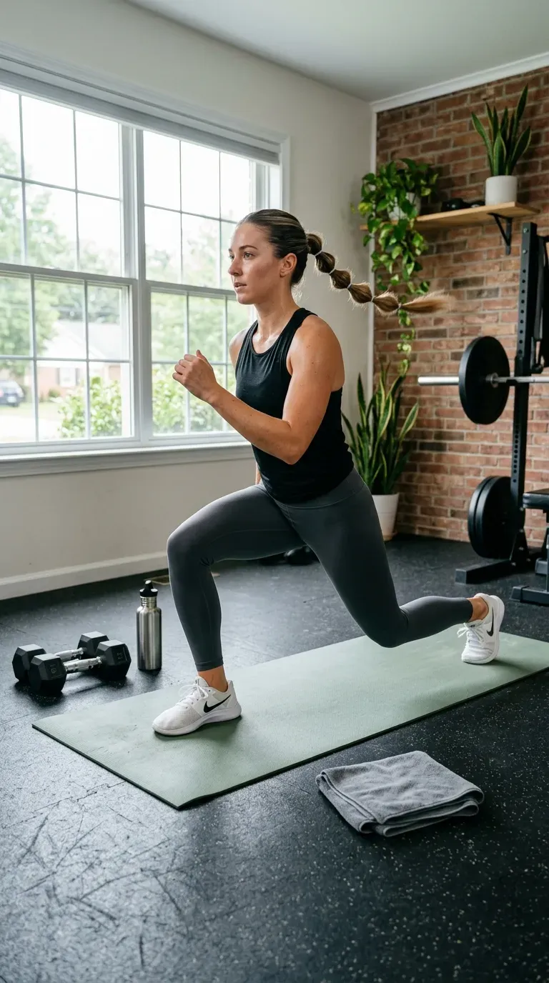 Woman doing lunges in a home gym with a tight compact bubble braid