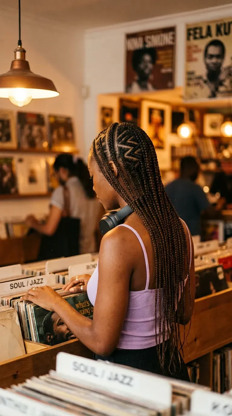 Zig zag parts between box braids seen from behind in a record store