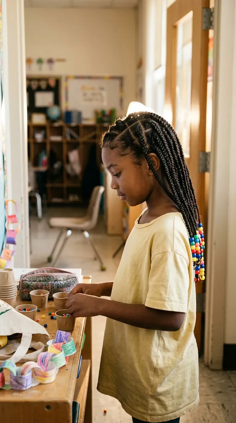100th day of school hairstyles box braids with colorful beads, three quarter view