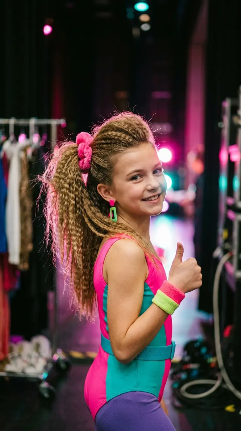 Three quarter back view of a dancer with a teased crown and flipped out ends under a wide headband