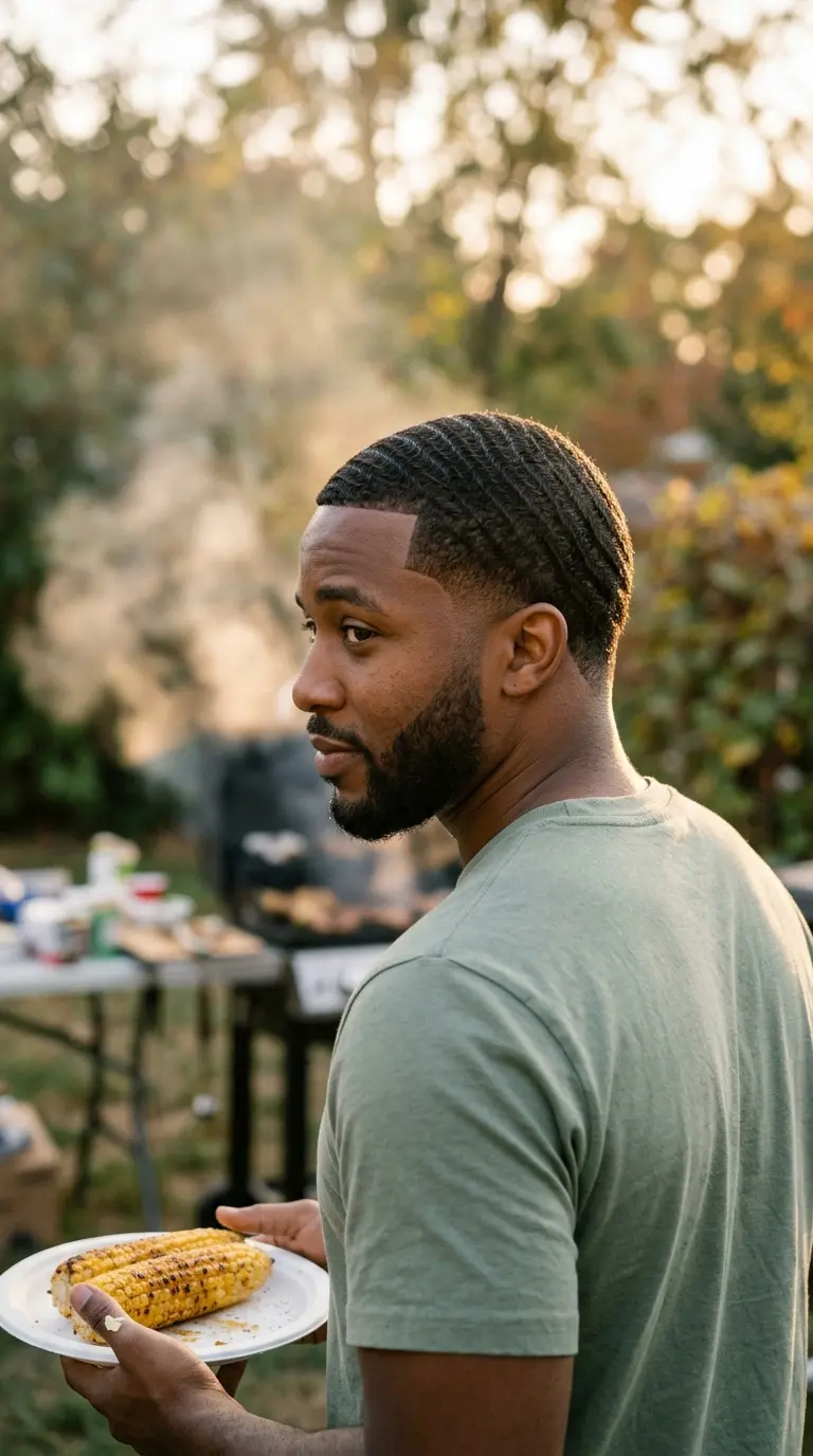 Three quarter back view of a man with 360 waves and a low drop fade