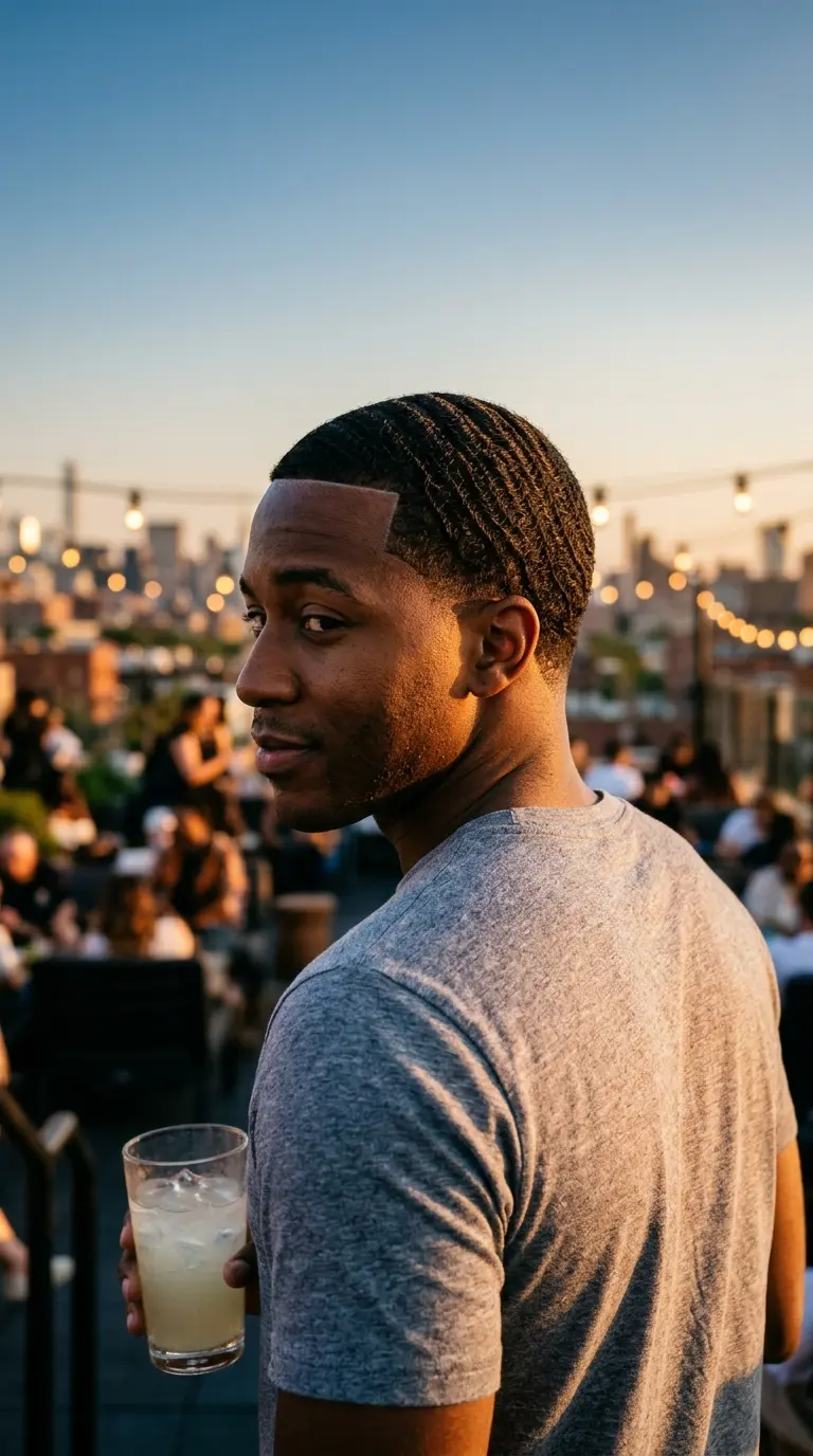 Three quarter back view of a Black man with deep 360 waves and a low taper, one of the best haircuts for Black men