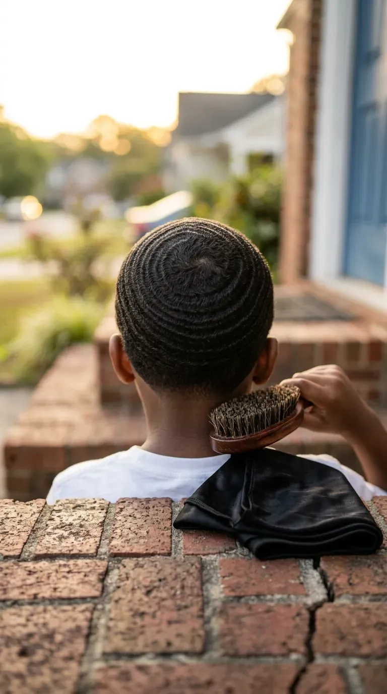 Sharp 360 waves on a boy's short hair seen from behind