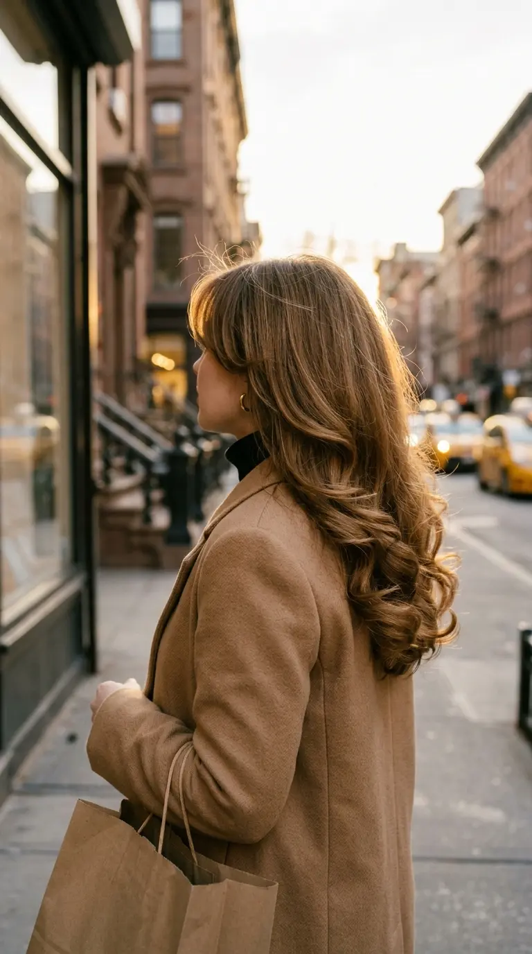 Three quarter view of long voluminous blowout curls with curtain bangs swept away from the face
