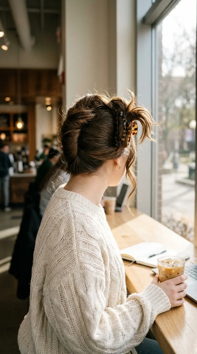 Aesthetic hairstyles for long hair example, a loose twist held with a tortoiseshell claw clip and soft face framing pieces on long brown hair