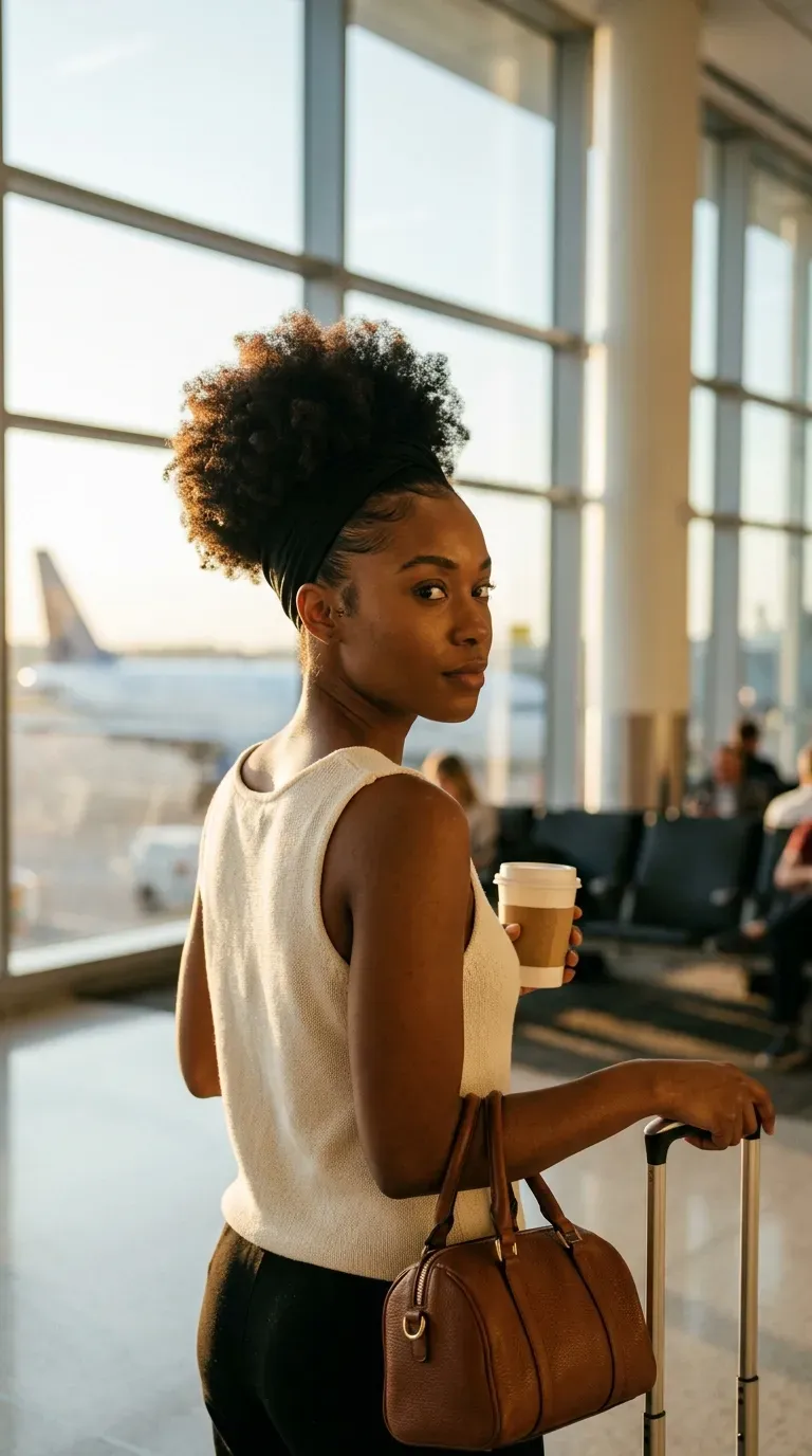 Over the shoulder view of an afro puff with smooth edges at an airport gate