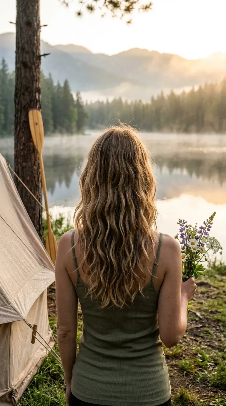 Long natural wavy hair with air dried layers seen from behind at lakeside camp