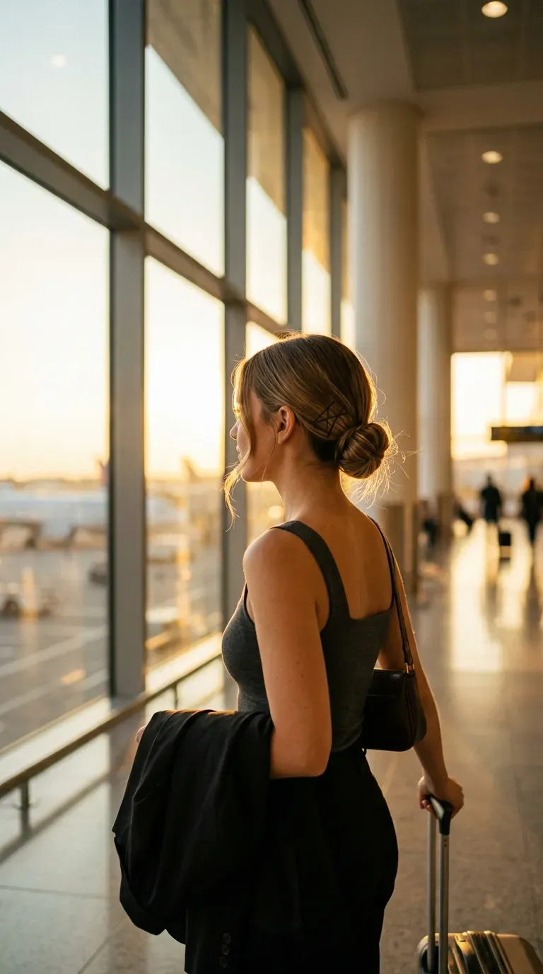Airport hairstyle three quarter view of a low chignon with crossed bobby pins