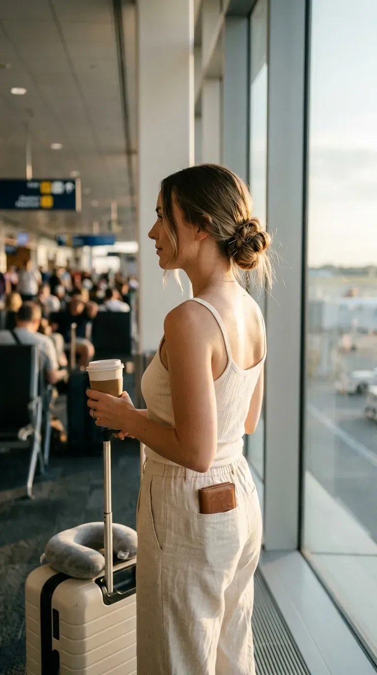 Airport travel day hairstyle shown in three quarter view as a low twisted bun