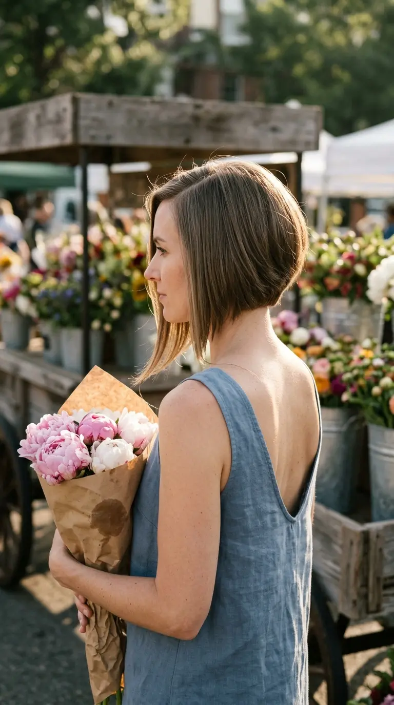 Three quarter back view of an angled bob longer in front with the head turned