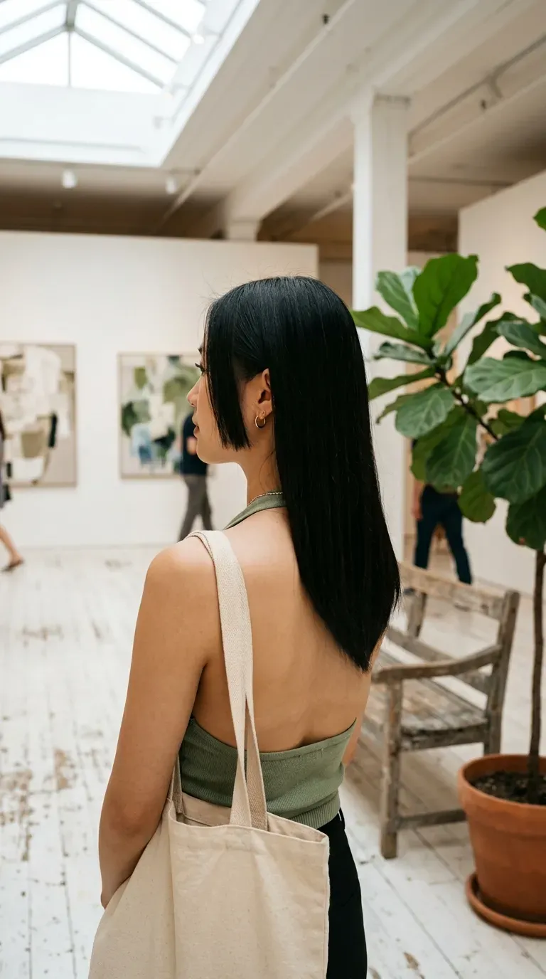 Black long straight hair with angled face framing sloping smoothly toward the back
