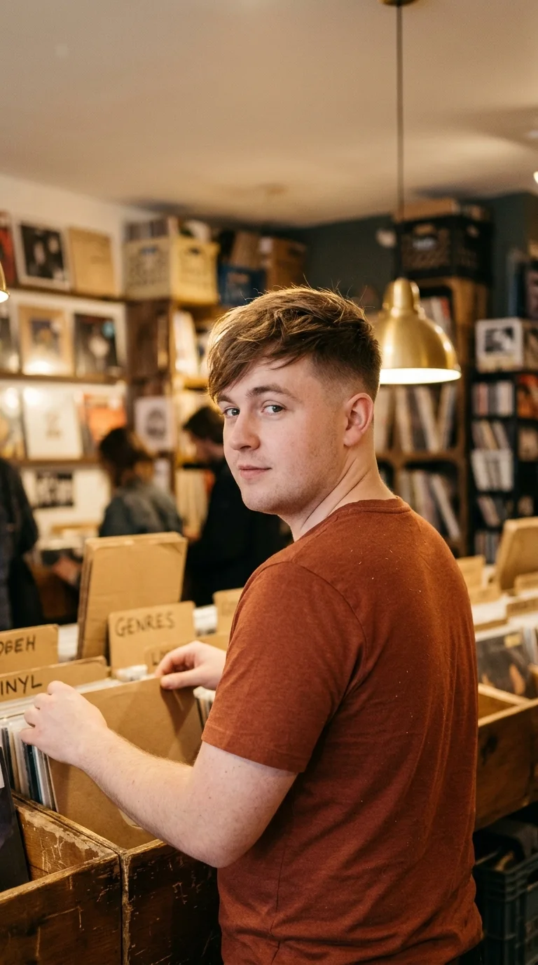 Over the shoulder view of an angular fringe and mid fade in a record store