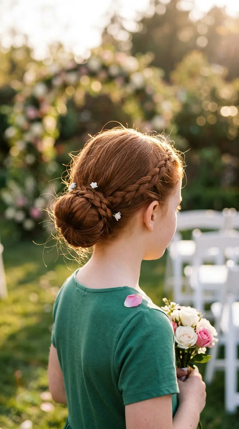 Three quarter back view of a girl with a low bun wrapped in two thin braids at a garden wedding