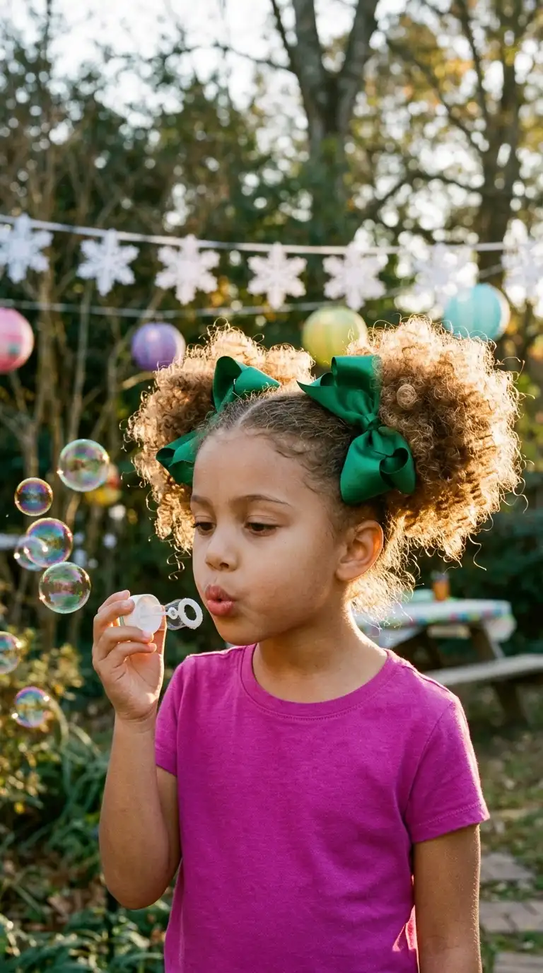 Three quarter front view of a girl with two curly puffs tied with green ribbons at a backyard party