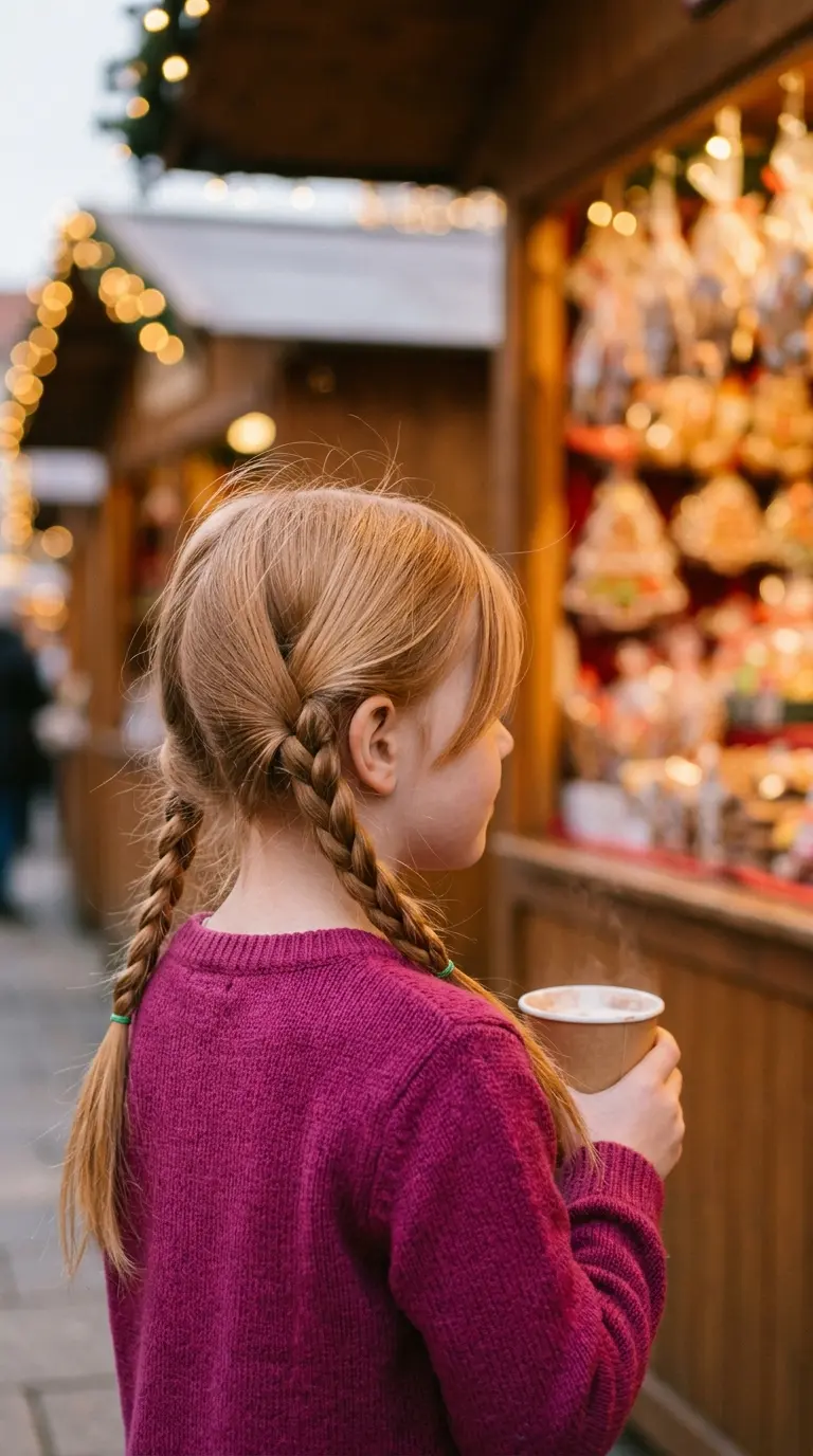 Three quarter back view of a girl with two strawberry blonde braids and a side swept front at a winter market