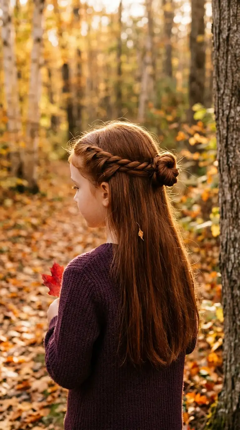 Three quarter back view of a girl with auburn hair in a twisted half up style with a small bun in an autumn forest