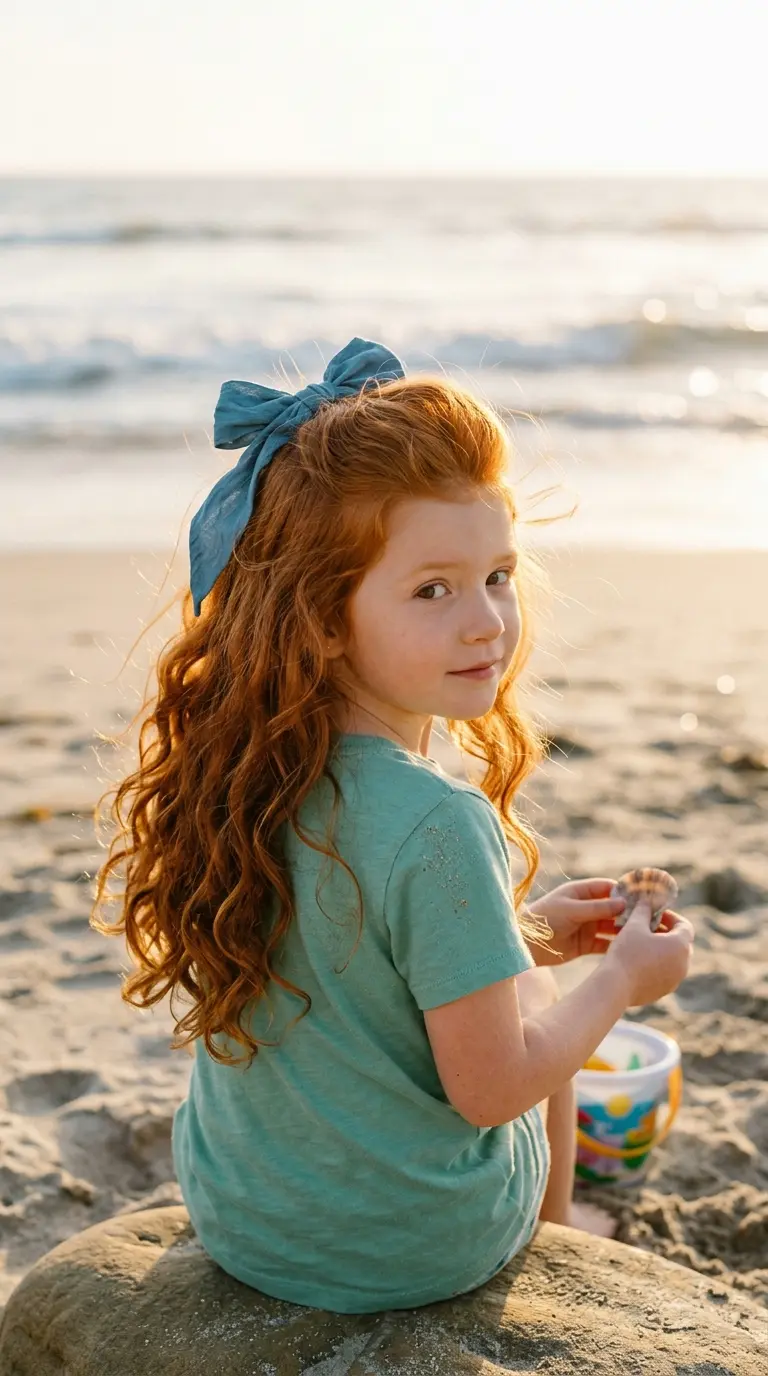 Over the shoulder view of a girl with red bouncy waves and a big bow at the crown on a beach