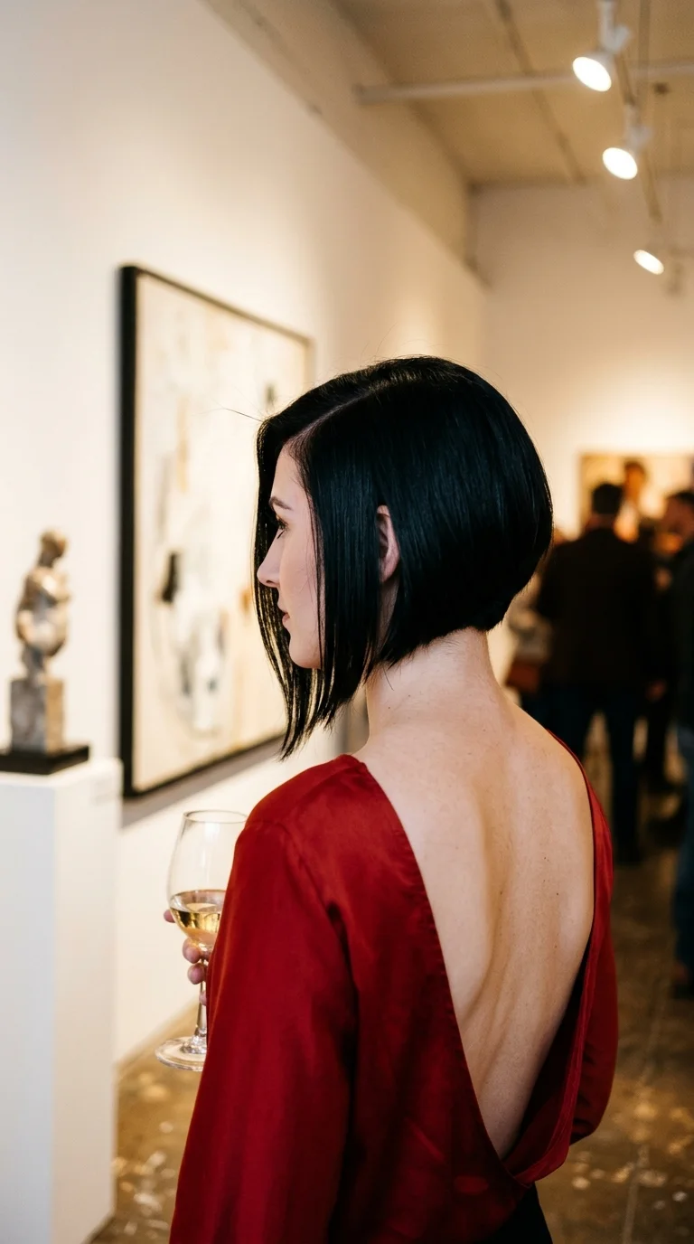 Three quarter back view of a black asymmetrical bob longer on one side