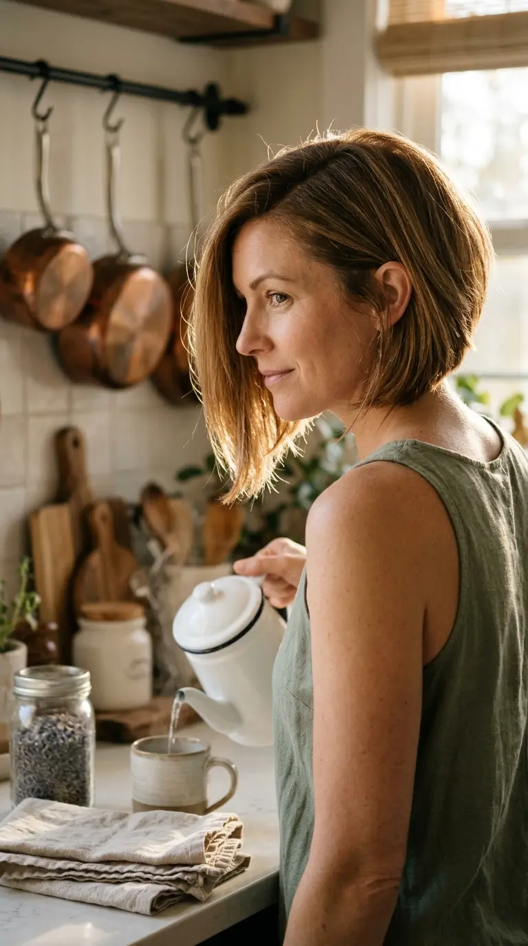 Three quarter back view of an asymmetrical honey brown bob with one longer side