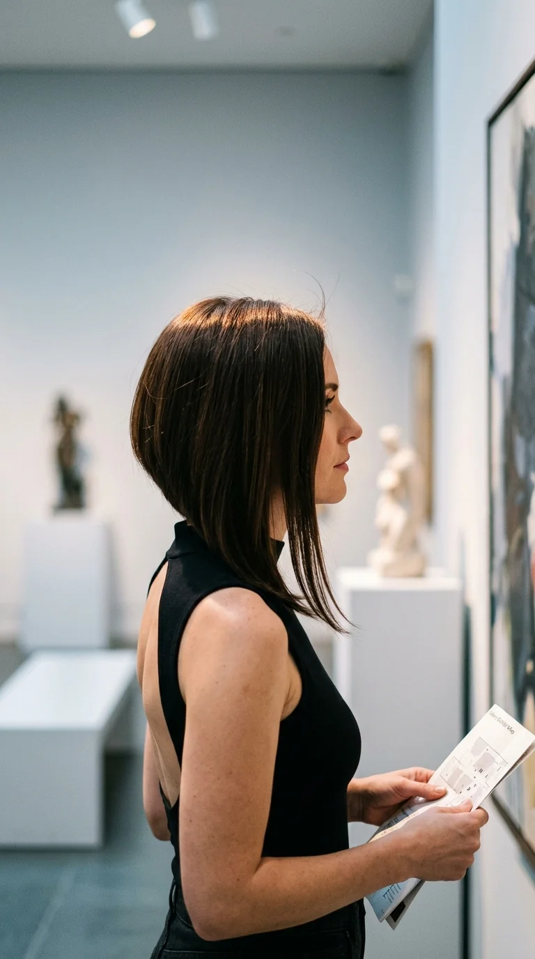 Side profile of a brunette asymmetrical lob with one side longer than the other