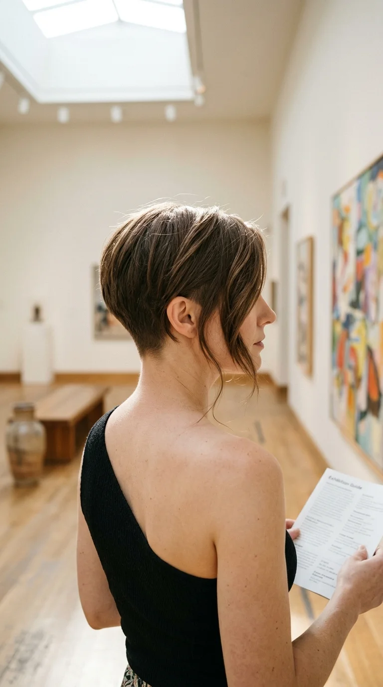 Three quarter back view of a brown asymmetrical pixie with one long side