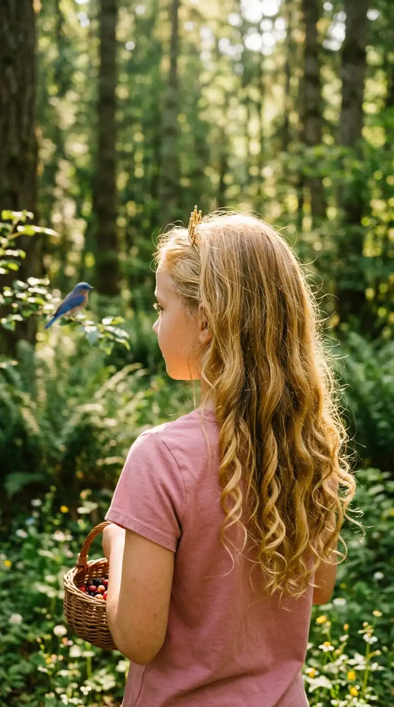 Three quarter back view of a girl with long golden heatless curls and a small tiara in a forest clearing