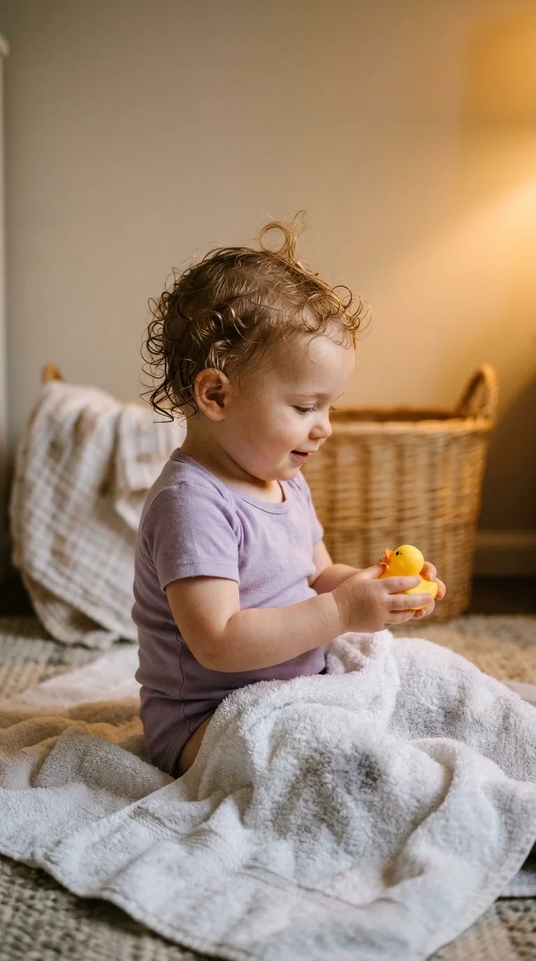 Over the shoulder view of a baby with fine hair swirled around a crown cowlick