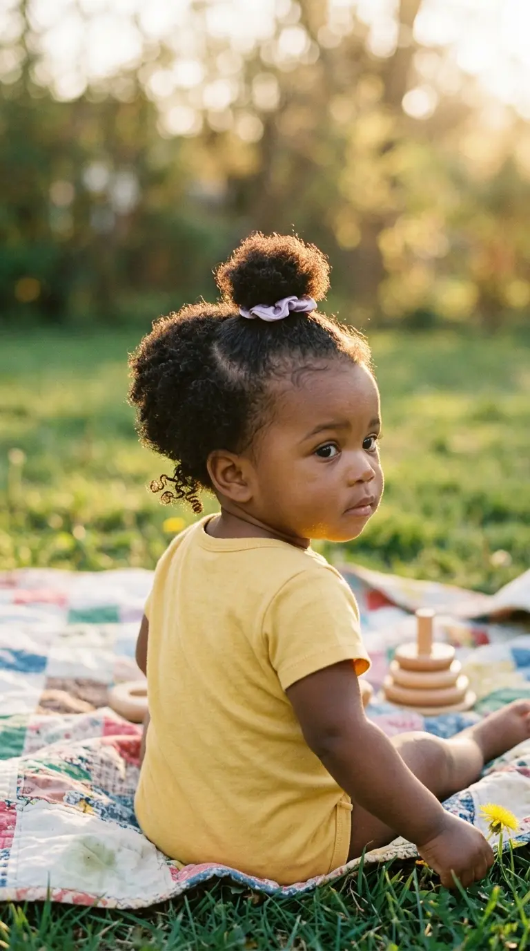 Over the shoulder view of a baby with fine fluffy hair brushed up into a halo